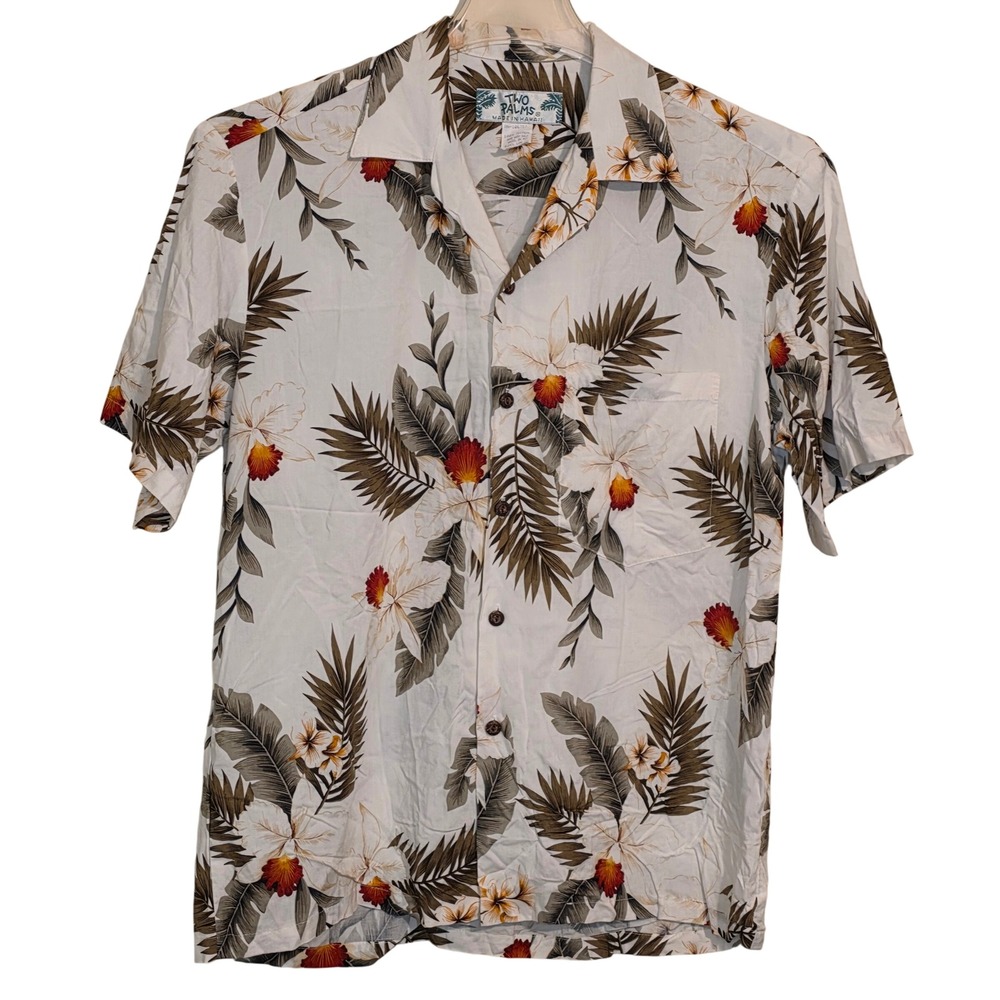 TWO PALMS Hawaiian Shirt Men's M White Floral Print Short Sleeve Made in Hawaii